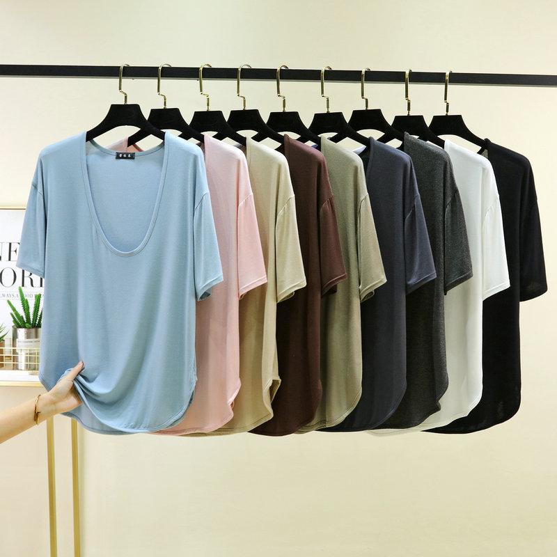 Modal Deep U-Neck Tshirt Summer Loose Short-sleeved T-shirts Simple Thin Tees Casual Tee Tops