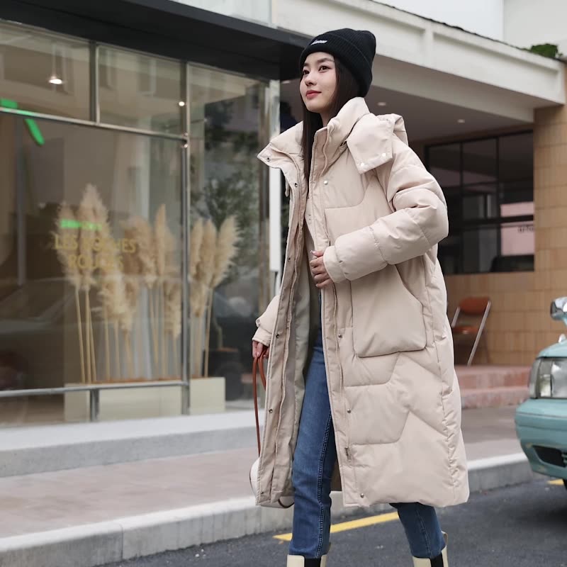 Winter Long Parkas for Women Solid Color Padded Neck Stand Collar Down Coat with Pockets Zipper Closure Hooded Outwear