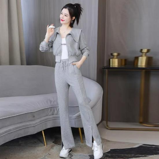 

Женский комплект из двух предметов: Куртка с длинным рукавом и расклешенные брюки с высокой талией - Повседневная спортивная одежда для весны и осени 2XL (145-160 jin) серый