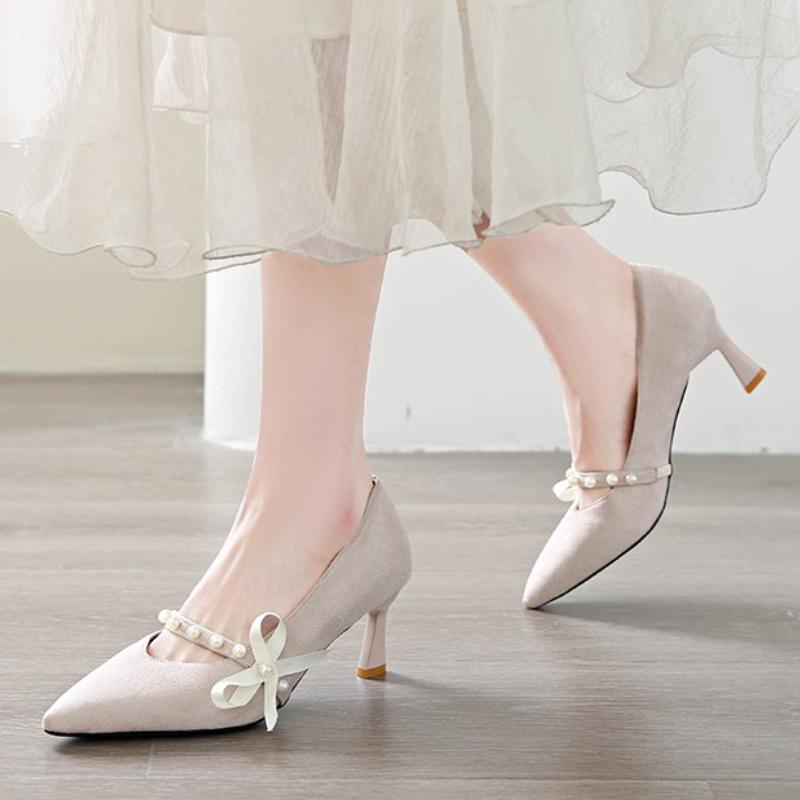 Fashion Bow Pearl Women High Heels Shoes Sexy Pointed Toe Heeled Sandals 2025 Fashion New Luxury Dress Party Summer Woman Pumps Zapatos