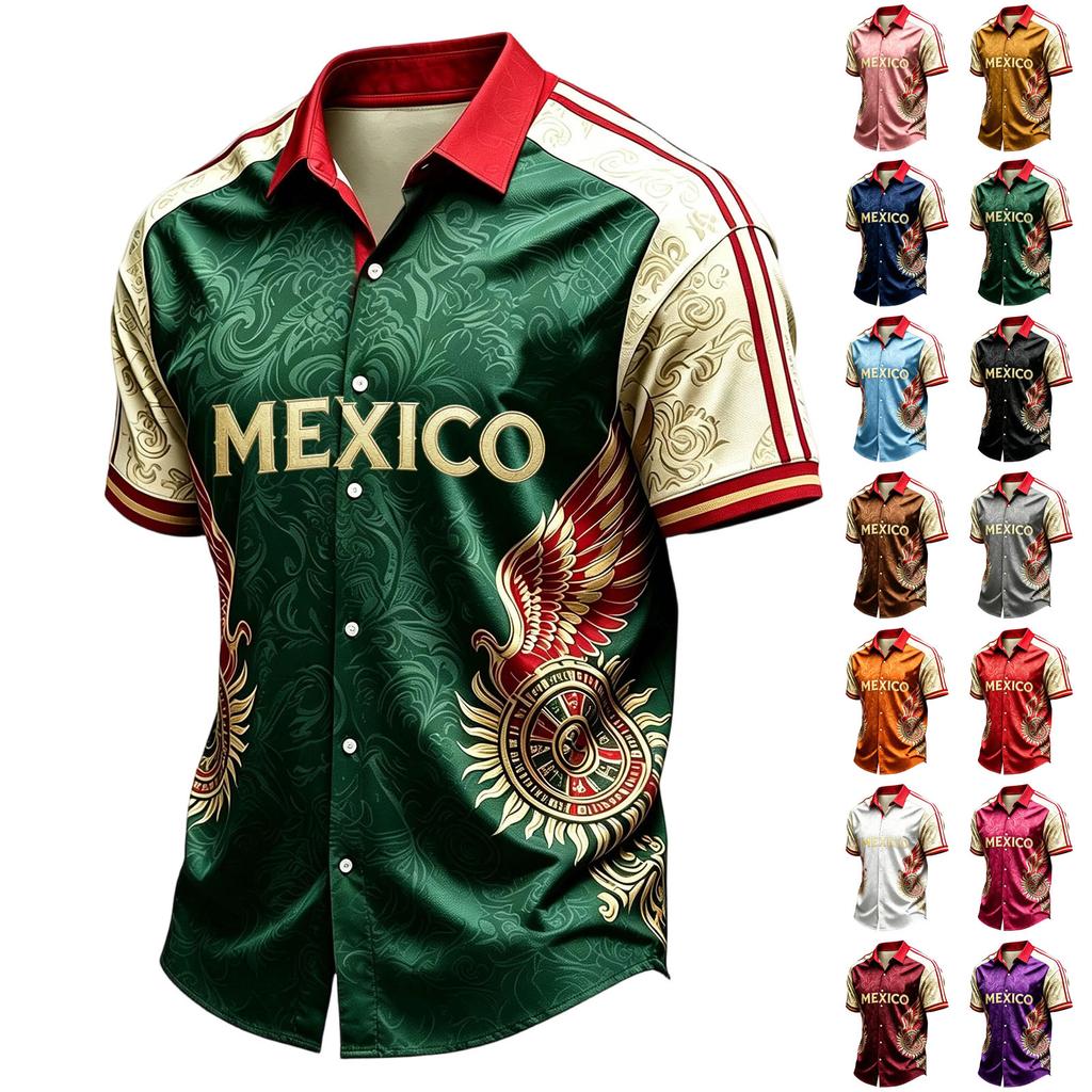 Men's Casual Short Sleeve Shirt Lightweight Breathable with Mexico Letter Graphic Print for Summer