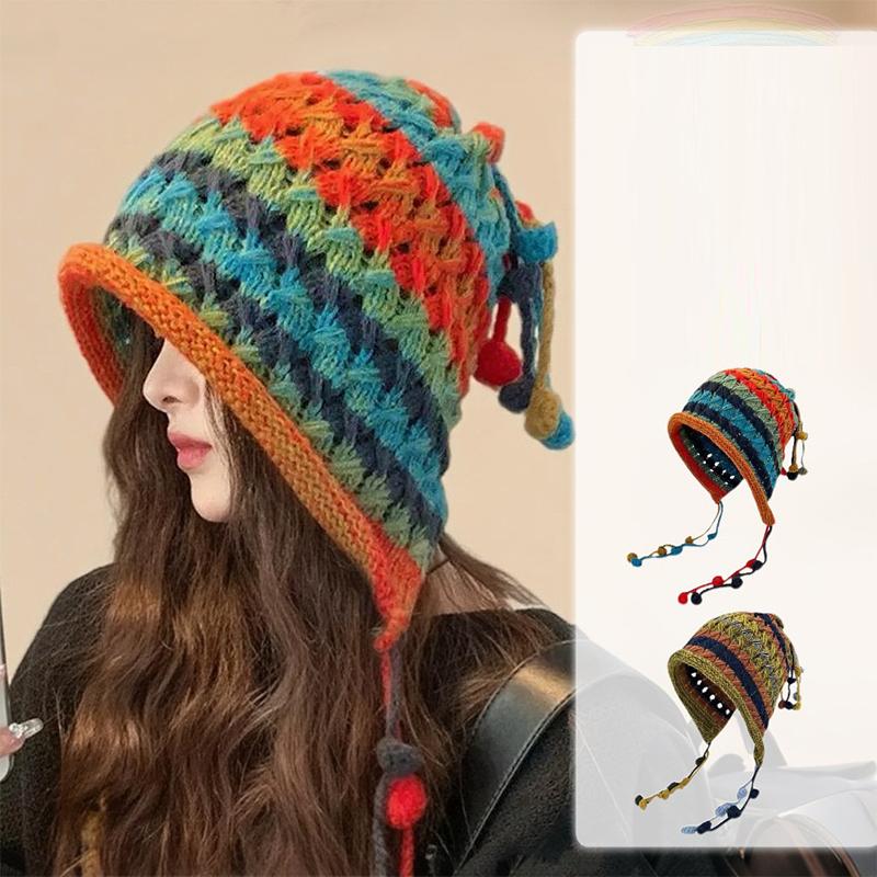 Women'S Baotou Hat Autumn And Winter Colorful Tassel Ball Tie Earmuffs Hollow Knitted Wool Hat