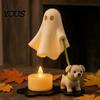 Whimsical Halloween Party Prop Ghost Walking Dog Night Light, 3D Printed LED Warm Lamp, Cute Spooky Desktop Light Puppy Statue with Candle,
