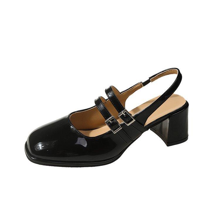 

Summer hollow bag head sandals 2024 new Mary Jane light mouth thick heel single shoes French fairy style small leather shoes 35 чёрный