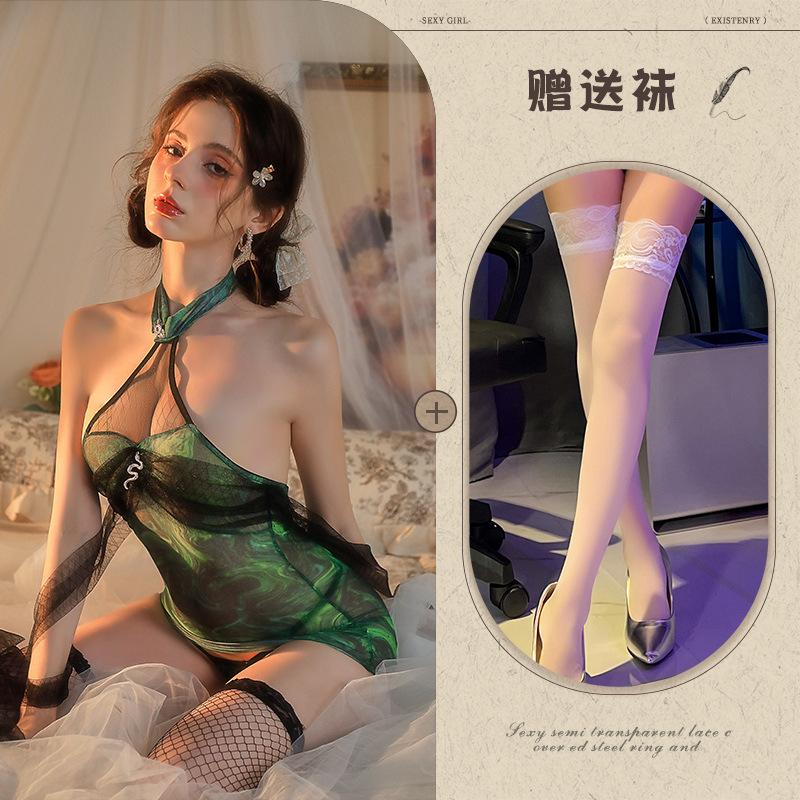 Fairy green snake cheongsam cos sexy stand-up collar hanging neck silk see-through hip wrap uniform reticulated dress