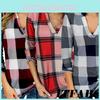 Women Vintage V-neck Loose Tops Long Sleeve Stylish T-shirt With Plaid Casual Design
