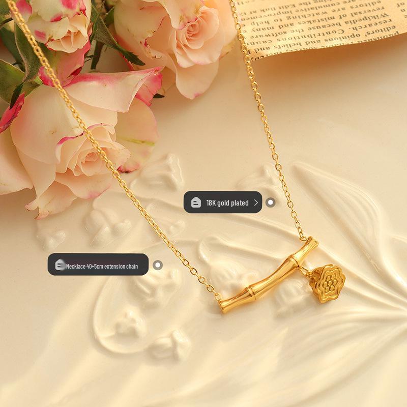 18K Gold Plated Bamboo Lotus Pod Pendant Necklace - European & American Niche Design, Personalized Titanium Steel Jewelry
