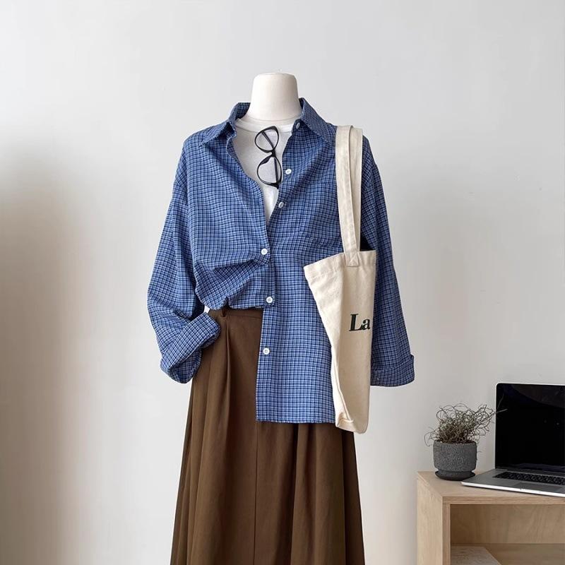 Nowa Amerykańska Stylistyka Retro Koszula z Długim Rękawem Niebieska w Kratkę Luźna Letnie Koszule Top Bluzka Płaszcz Dla Kobiet Streetwear