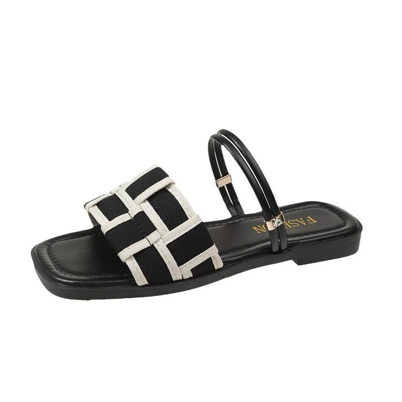 Women's 2024 Summer Square Toe Canvas Plaid Flat Sole Roman Sandals