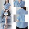 Shirt Blouse Chiffon Short Sleeve Cut and Sew Pullover French Sleeve 7001 Bowtie Shirt Light Blue Lightweight Stylish Office Lady Shirt 7001 [Lunar
