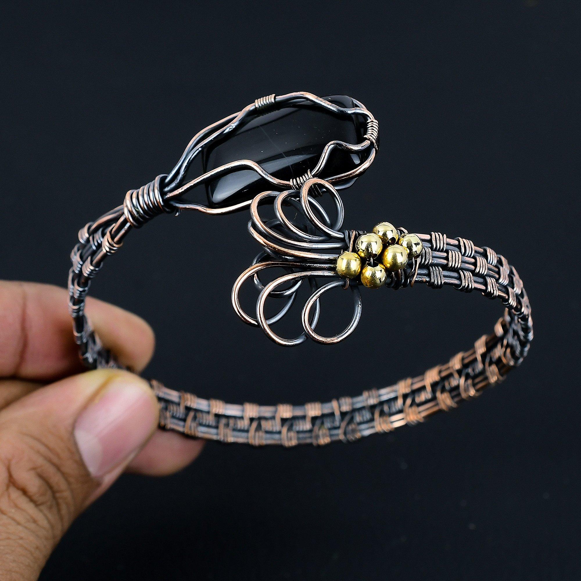 

Браслет из черного оникса, Браслет из драгоценного камня ручной работы, Антикварные украшения, обернутые медной проволокой 999 пробы, Для подарка на помолвку