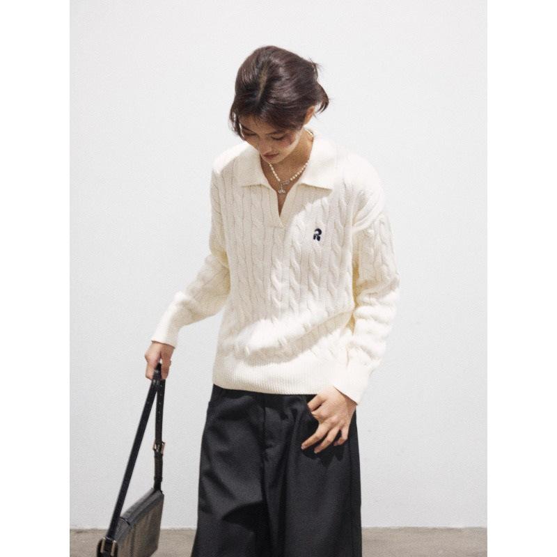 Twisted Flower Embroidered V-neck Cable Knit Sweater - Women's All Cotton Casual Autumn Top