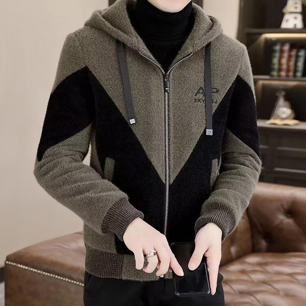 Men Outdoor Windproof Jacket Men's Hooded Drawstring Jacket with Color Matching Thick Soft Winter Coat for Plus Size Long Sleeve