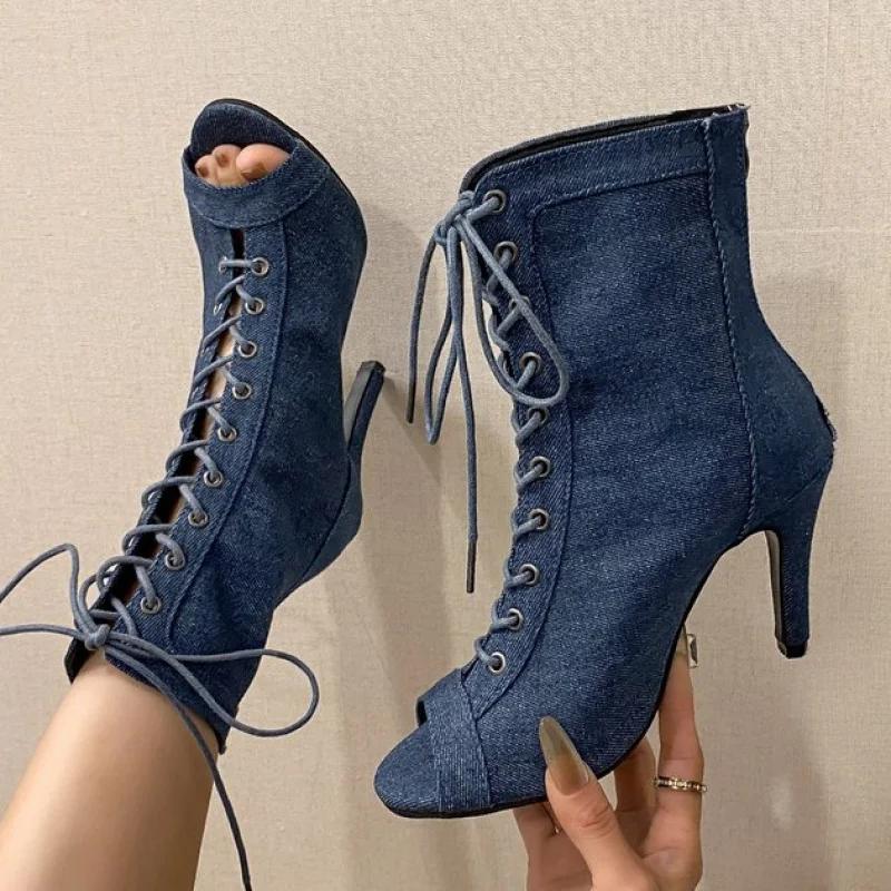 Fashion New Classic Blue Denim Fabric Cross-Strap Peep Toe Women Ankle Boots Spring Summer Sexy Elegant High Heels Party Dress Pumps