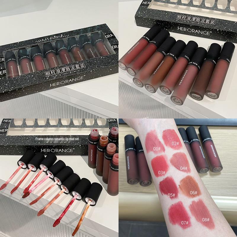 HERORANGE Romantic Lip Mud Set: 8-Piece Matte Velvet Lipstick Kit for Bare Face Whitening 3g each, 8 pieces