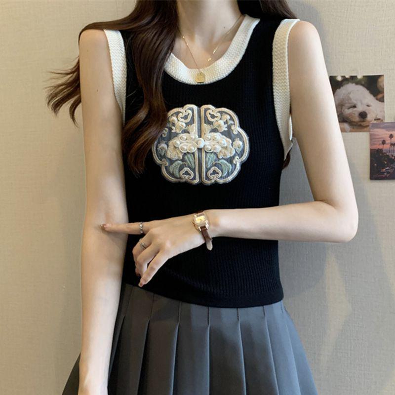 Women's Summer Ice Silk Camisole Vest - National Style Embroidered Knit Top