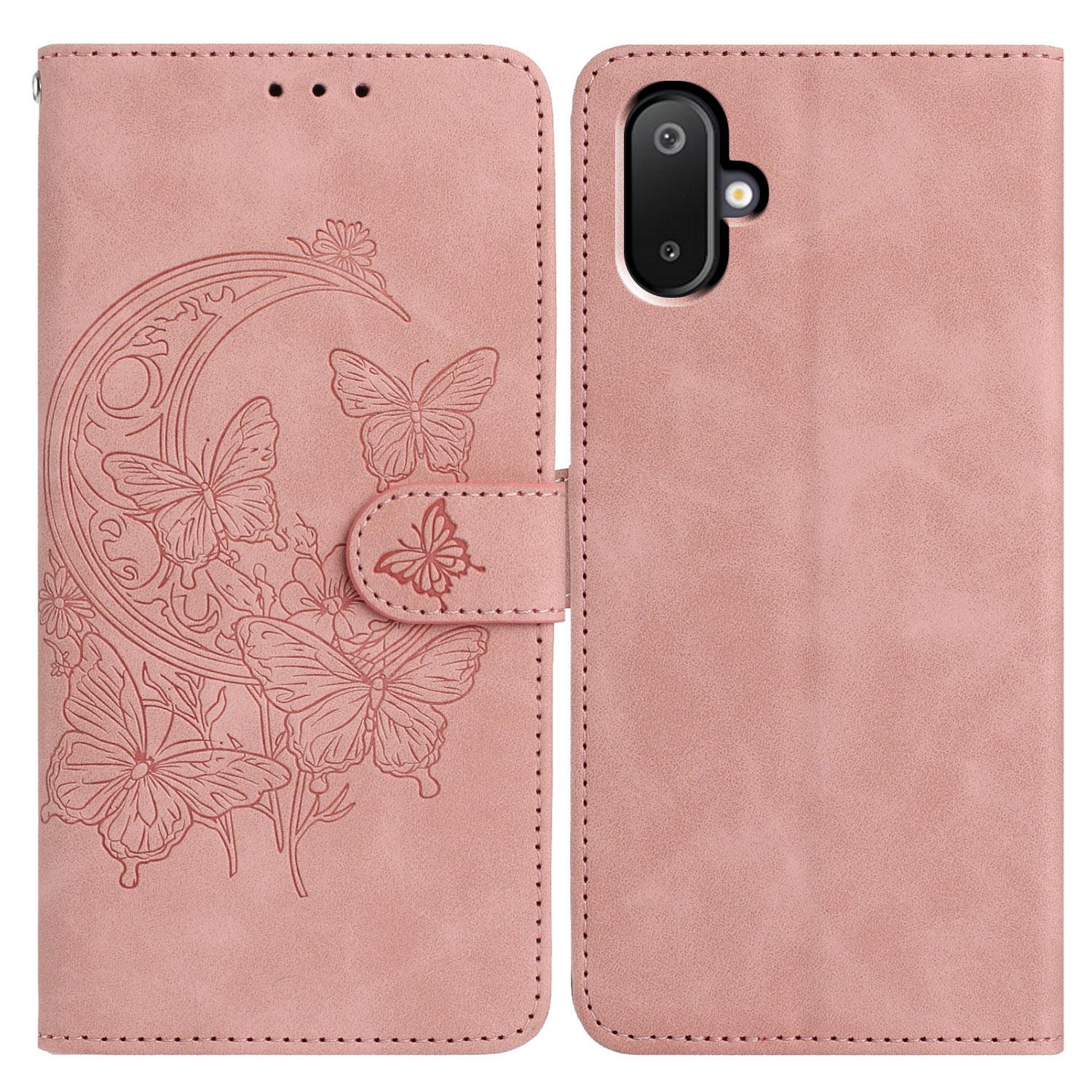 

For Samsung Galaxy M06 5G/F06 5G Case Butterfly Flower Imprinted PU Leather Wallet Stand Phone Cover Rose Gold