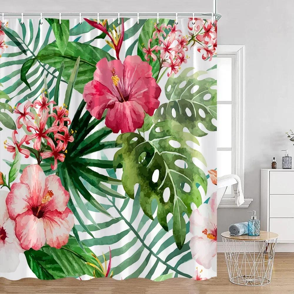 Tropical Leaves Shower Curtain Green Leaf Palm Flower Flower Bathroom Curtain Green Plant Bathroom Decoration with Hook