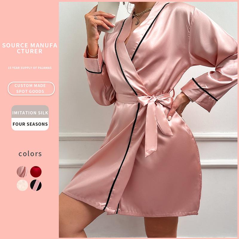 Summer Ice Silk Women's Mid-Length Thin Tie-Up Fashion Robe