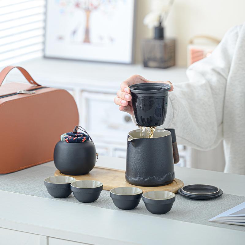 Travel Tea Set Outdoor Camping Portable Tea Set Black Pottery Kuaike Cup One Pot Four Cups Storage Bag Business Gifts