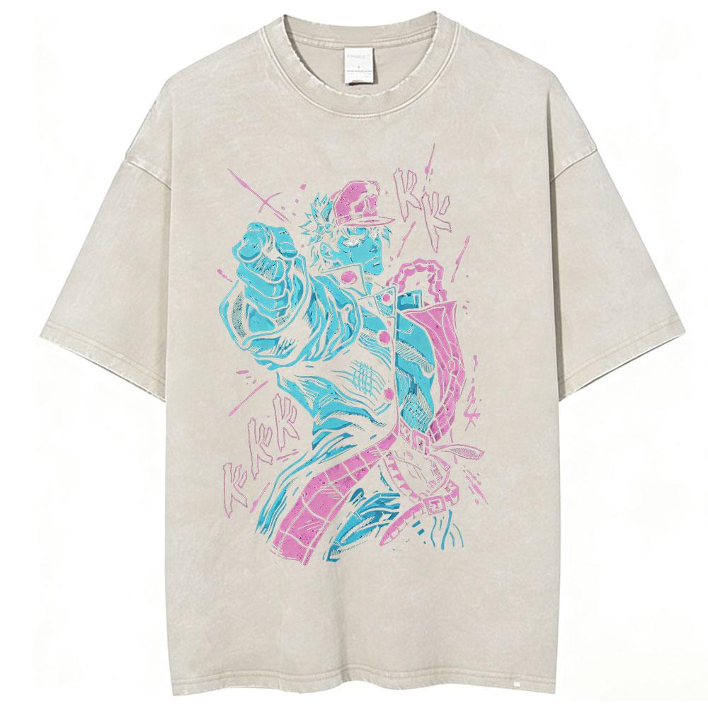 Anime JoJo Bizarre Adventure Jotaro Kujo Vintage Acid Washed T Shirts Men Women Cotton Casual Short Sleeves Tshirts Streetwear