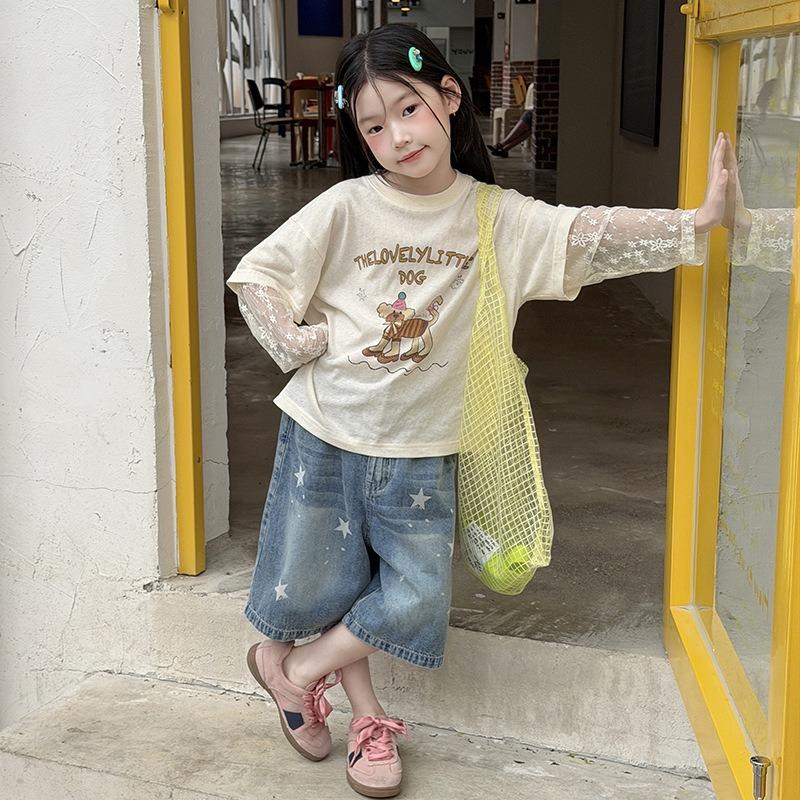 Girls Sweet Korean Style Fake Two Piece Lace Patchwork Short Sleeve T Shirt