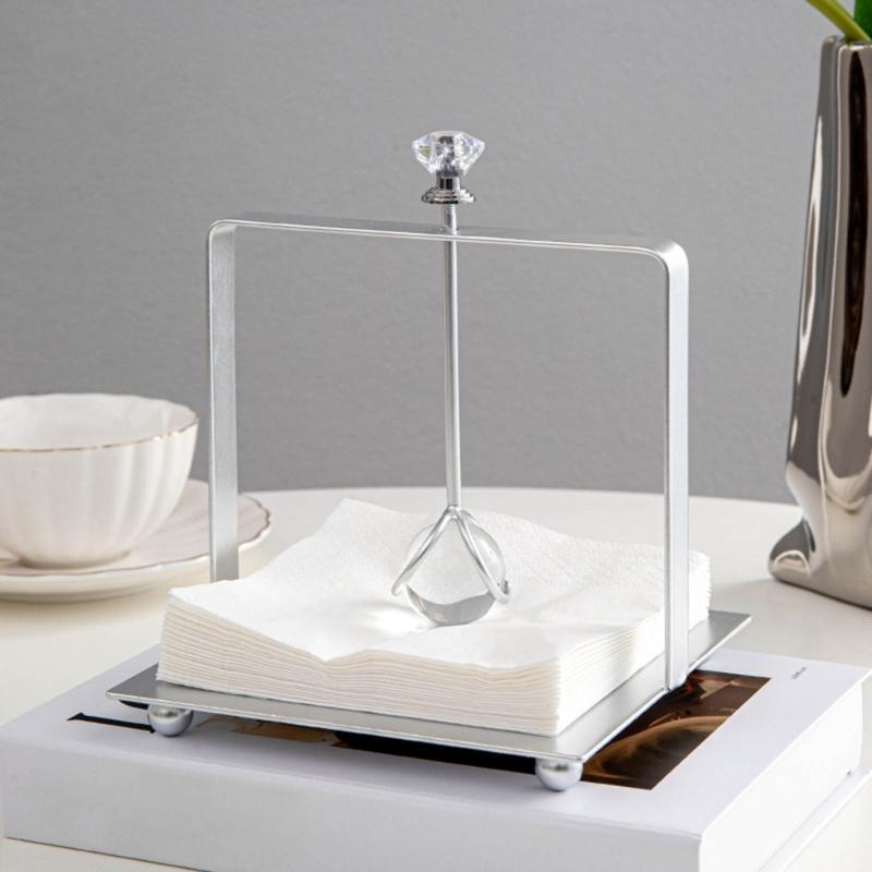Desktop Tissue Holder Wrought Iron Crystal Ball Tissue Box Ornaments Restaurant Square Base Tissue Organizer for Room