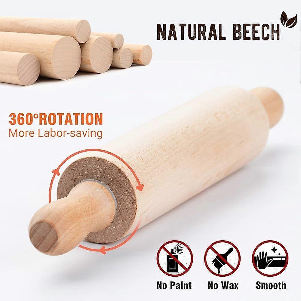 Classic Wood Rolling Pin Rubber Wood Dough Roller with Handles for Baking Pasta