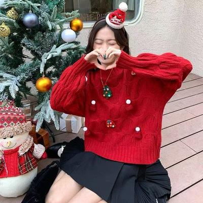 Weihnachtsstil Damenpullover Rundhalsausschnitt Einfarbig Gestrickter Pullover Herbst und Winter Locker Trendige Damenoberteile
