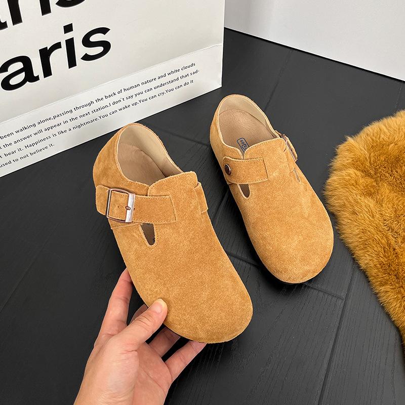 Frosted Soft Leather Single Shoes Women's Flat Bottom New Retro Literature and Art Students with Big Head and Velvet On One Foot