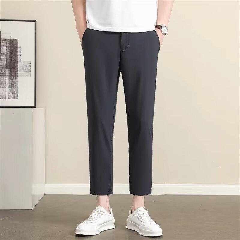High-elasticity thin ice silk pants men's spring and summer new nine-point small trousers men's slim-fitting casual pants men