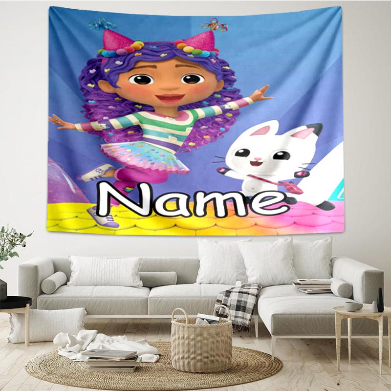 Custom Name Gabby’s Dollhouse Print Tapestry, Backdrop, Easy Setup, Ideal for Bedroom, Office & Living Room, with Aesthetic Wall Hanging Decor.