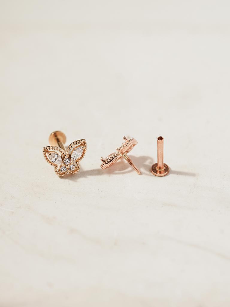 Minimal Piercing 14K Internal Crystal 3D Butterfly Labret Piercing