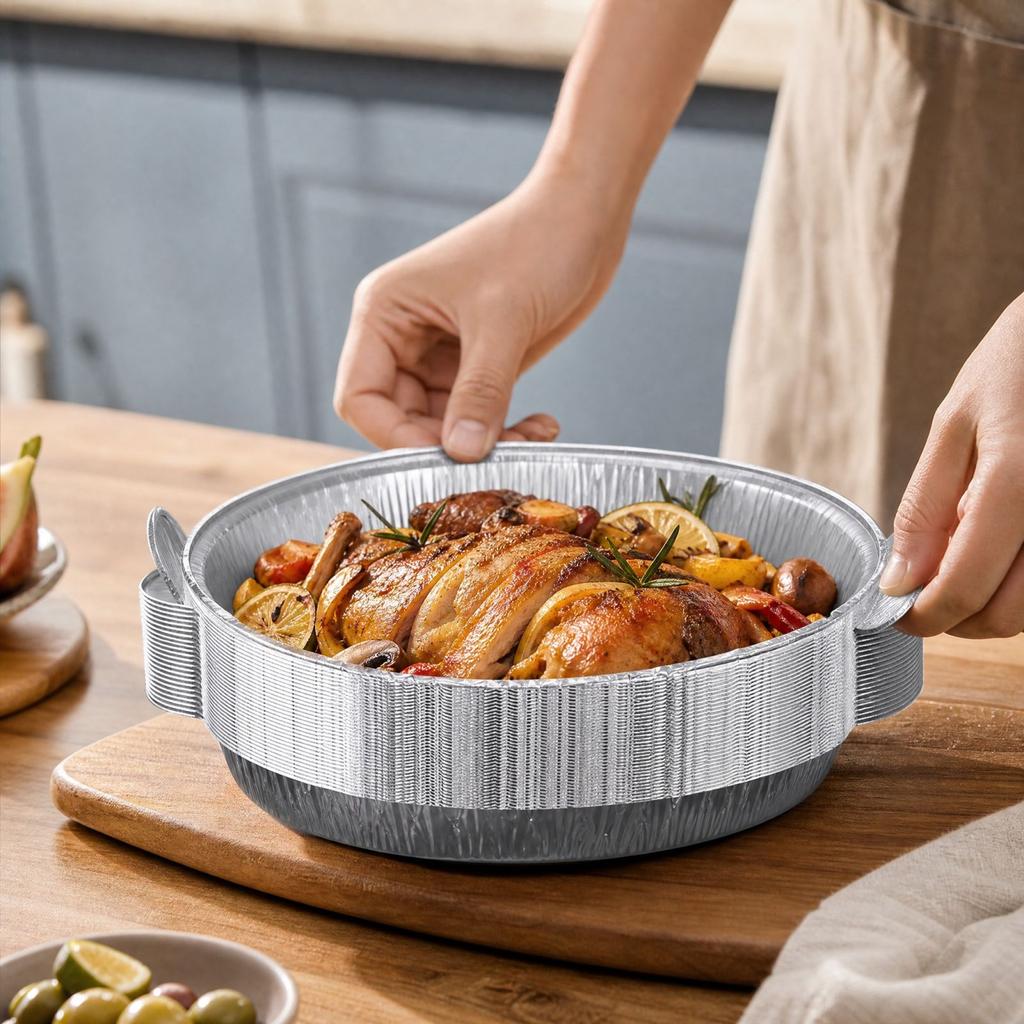 Disposable Round Aluminum Foil Pans with Handles, for Oven and Fryer, Baking and Grilling Fish and Meat