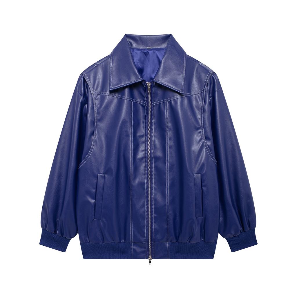 VAYLA Women Zipper Leather Bomber Jackets Coats Contrast Stitch Lapel Long Sleeve Jacket Motorcycle Outwear Tops