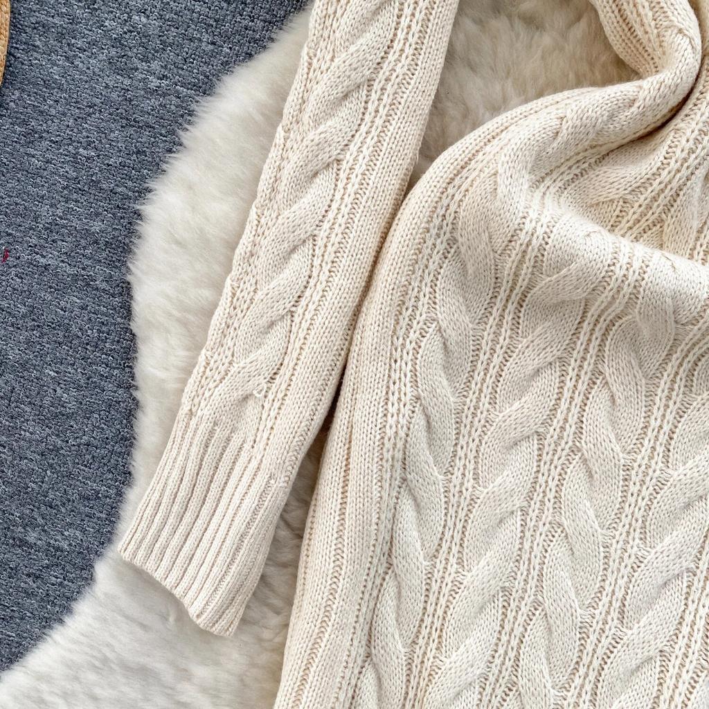 Pull mi-long pour femme, jupe de Base, rétro, fleur torsadée, coupe cintrée, tempérament, col en v, manches longues, robe tricotée, hiver