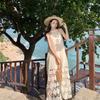 Summer New Apricot Splicing Lace Flower Neck Dress Seaside Vacation Beautiful Sleeveless Pendant Dress