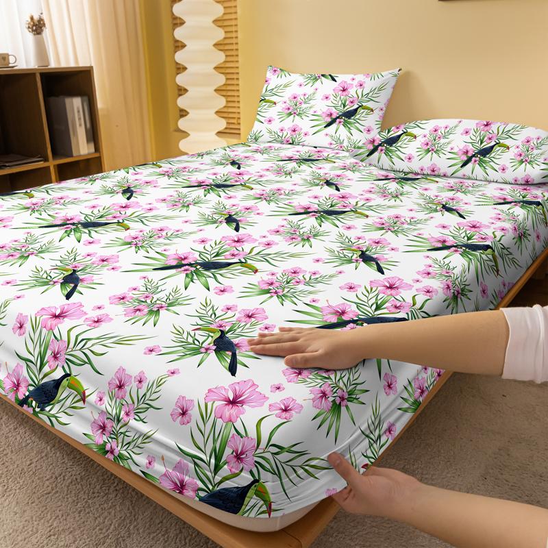 1 Simple Modern Plant Flower Animal Printed Matte Fitted Sheet, Bedroom Printed Bed Cover, Bedding (Excluding Pillowcases)