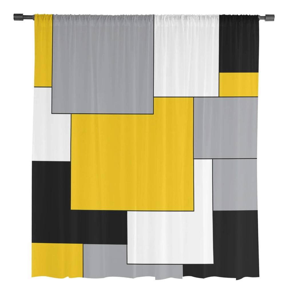 Yellow Grey Black Patchwork Abstract Art Medieval Style Sheer Curtains Living Room Kitchen Decoration Tulle Voile Window Curtain