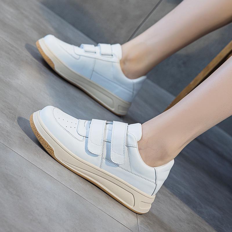 Women's White Platform Sneakers - 5cm Height Boost, Autumn Casual, Velcro, Thick Sole, Genuine Leather.