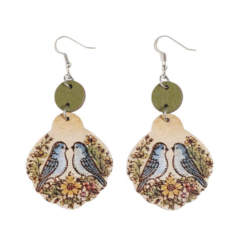 Retro Geometric Bird & Flower Wooden Earrings