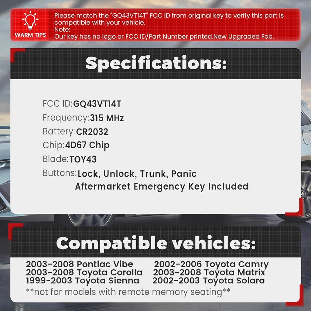 Beefunny Upgraded Remote Car Key Fob for Toyota Camry Corolla Matrix Sienna Solara, for Pontanic Vibe Key Fob Replacement FCC ID: GQ43VT14T 315MHz