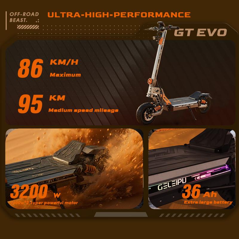 GELEIPU GT EVO Electric Scooter 11inch Off-road Tires 1600W*2 Motors 60V36Ah Battery 86km/h Max Speed 95km Max Range Adult Off-road Escooter
