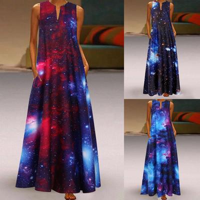 Women Plus Size Print Daily Casual Sleeveless Vintage Bohemian V Neck Maxi Dress
