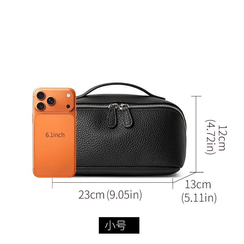 Top Grain Cow Leather Makeup Bag, 2 Sizes Litchi Grain Double Zipper Portable Handheld Travel Toiletry Bag Large Capacity Skincare Storage Organizer