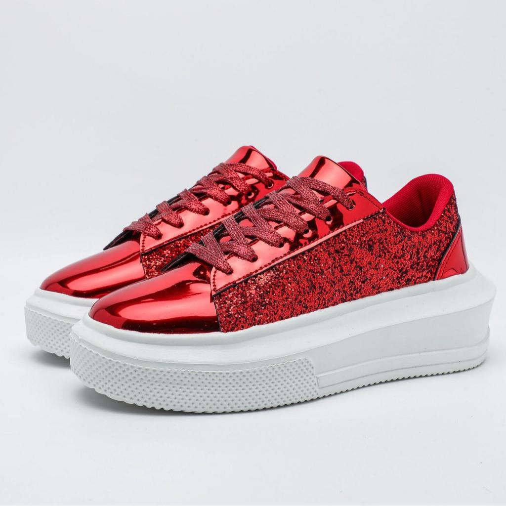 Damen Plateauschuhe Mode Pailletten klobige Schuhe PU-Leder Freizeit-Sneaker runde Zehenpartie Laufschuhe Tägliche vielseitige Schuhe