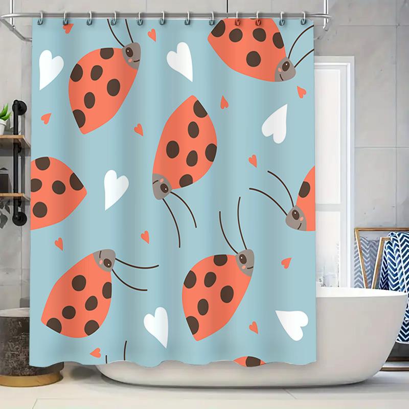 

Decorate Your Bathroom With This Adorable Ladybug Shower Curtain Blue Color Heart Print Fabric Shower Curtains For Home Decor In W60H190(CM)-1 Pcs