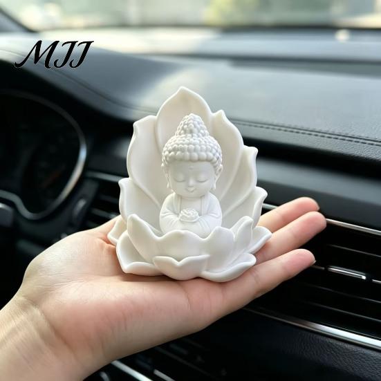 Compact Buddha Statue for Car 3D Printed Mini on Lotus, Sitting Figurine, Meditation Zen Spiritual Ornament Dashboard, Desk, Entryway, Tea Room