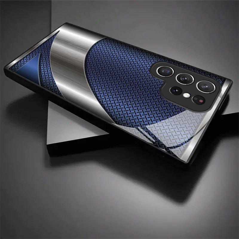 Blue Patterned Metal Pattern Tempered Glass Phone Case Suitable for Samsung GalaxyS26 S25 S24 S22 S21 S20FE/Ultra/Plus Anti Drop