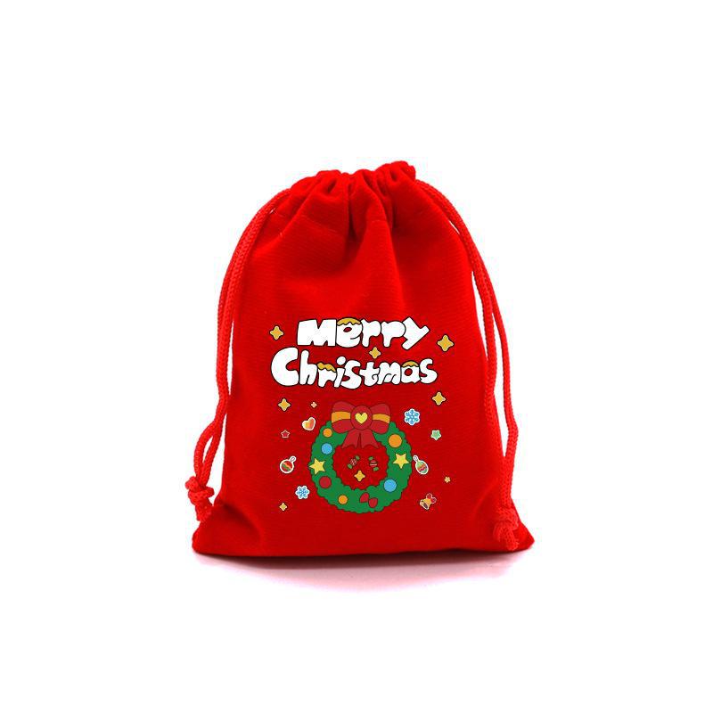 Cross-Border Cartoon Christmas Gift Bag: Red Drawstring Flocking Apple Packaging